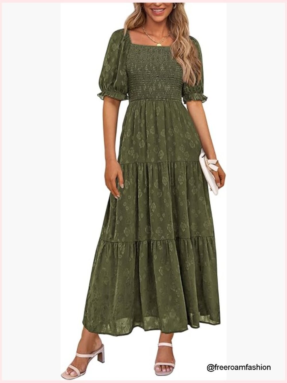 Summer Midi Dress Square Neck Short Sleeve Smocked A-Line Floral Boho
